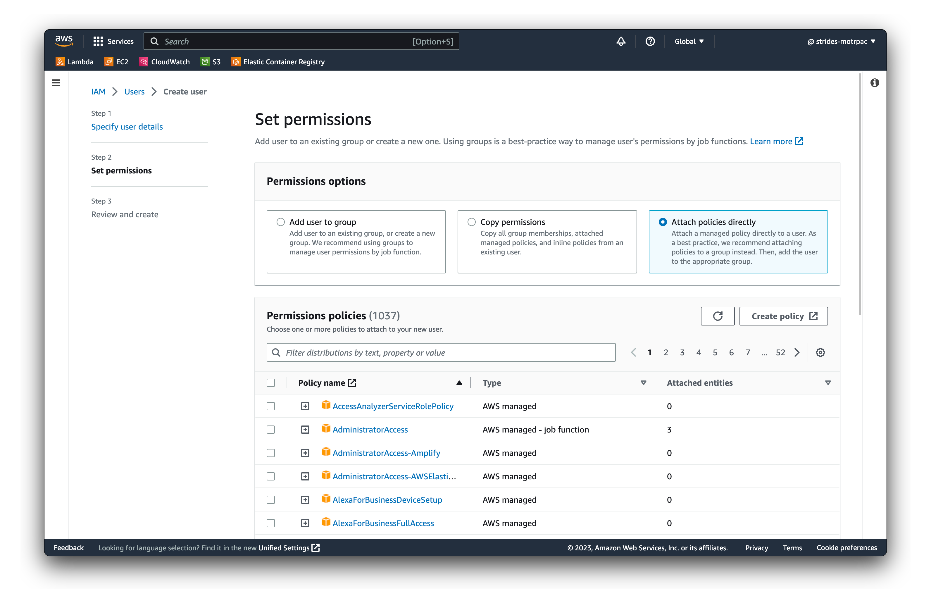 Attach policies user AWS IAM Console